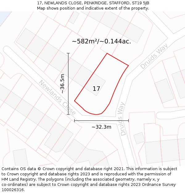 17, NEWLANDS CLOSE, PENKRIDGE, STAFFORD, ST19 5JB: Plot and title map