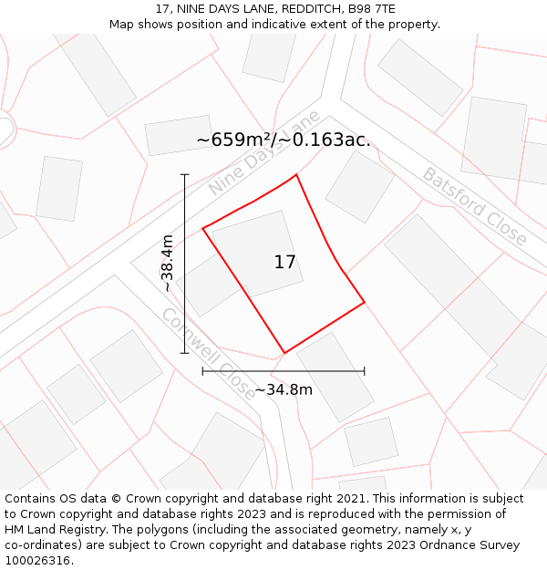 17, NINE DAYS LANE, REDDITCH, B98 7TE: Plot and title map