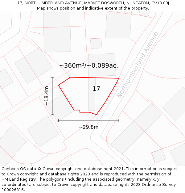 17, NORTHUMBERLAND AVENUE, MARKET BOSWORTH, NUNEATON, CV13 0RJ: Plot and title map