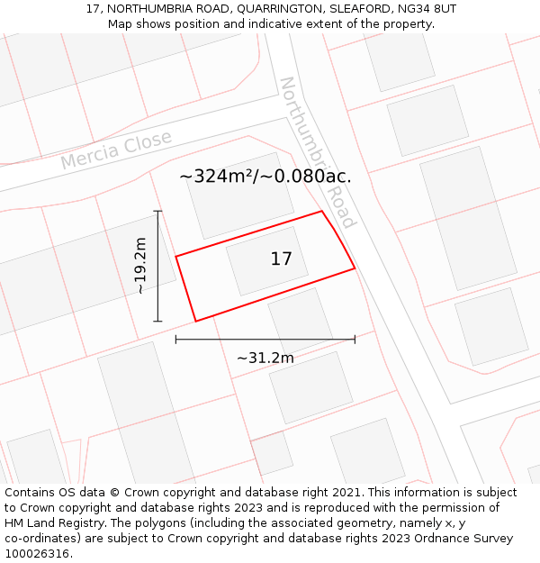 17, NORTHUMBRIA ROAD, QUARRINGTON, SLEAFORD, NG34 8UT: Plot and title map