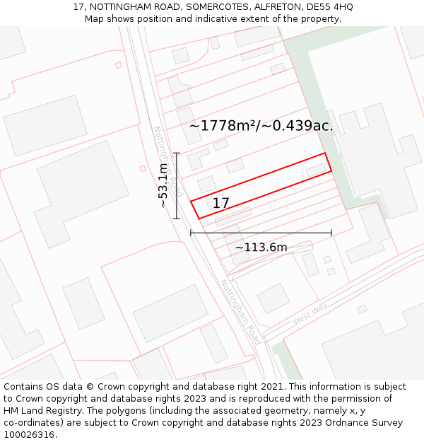 17, NOTTINGHAM ROAD, SOMERCOTES, ALFRETON, DE55 4HQ: Plot and title map