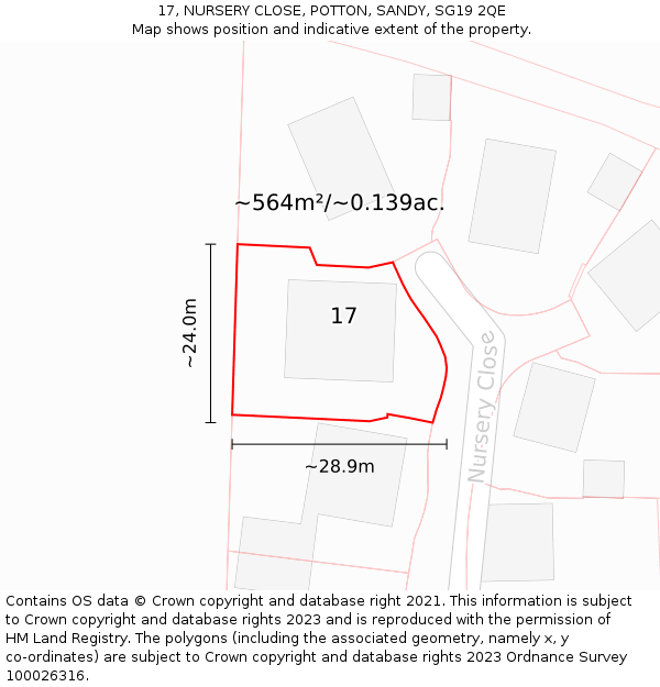 17, NURSERY CLOSE, POTTON, SANDY, SG19 2QE: Plot and title map