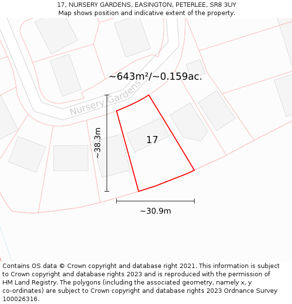 17, NURSERY GARDENS, EASINGTON, PETERLEE, SR8 3UY: Plot and title map