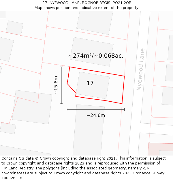 17, NYEWOOD LANE, BOGNOR REGIS, PO21 2QB: Plot and title map