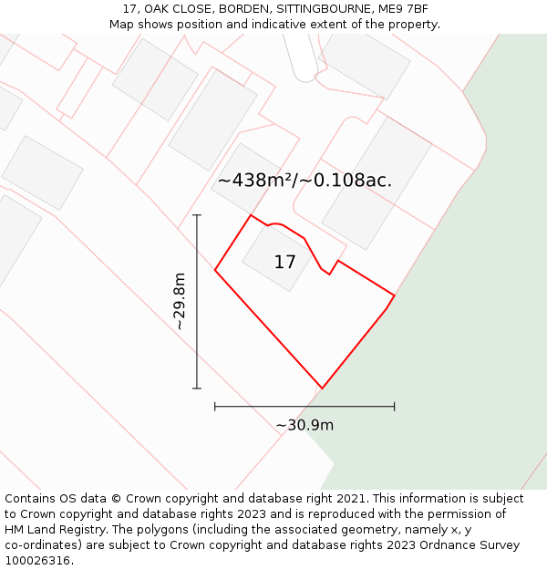 17, OAK CLOSE, BORDEN, SITTINGBOURNE, ME9 7BF: Plot and title map