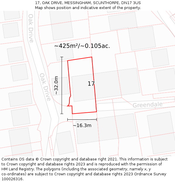 17, OAK DRIVE, MESSINGHAM, SCUNTHORPE, DN17 3US: Plot and title map