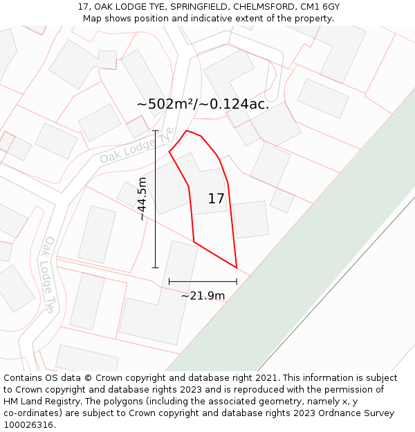 17, OAK LODGE TYE, SPRINGFIELD, CHELMSFORD, CM1 6GY: Plot and title map