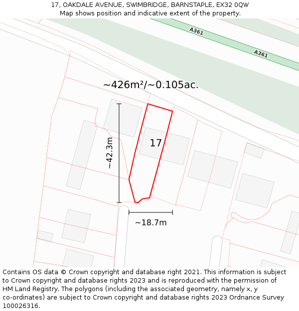 17, OAKDALE AVENUE, SWIMBRIDGE, BARNSTAPLE, EX32 0QW: Plot and title map