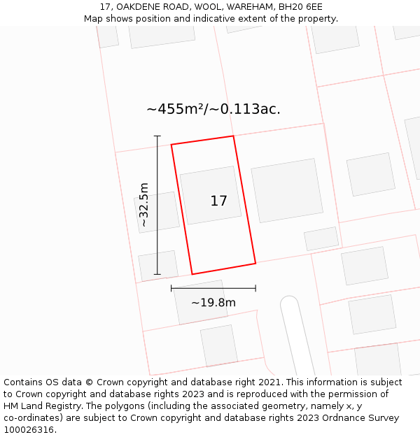 17, OAKDENE ROAD, WOOL, WAREHAM, BH20 6EE: Plot and title map