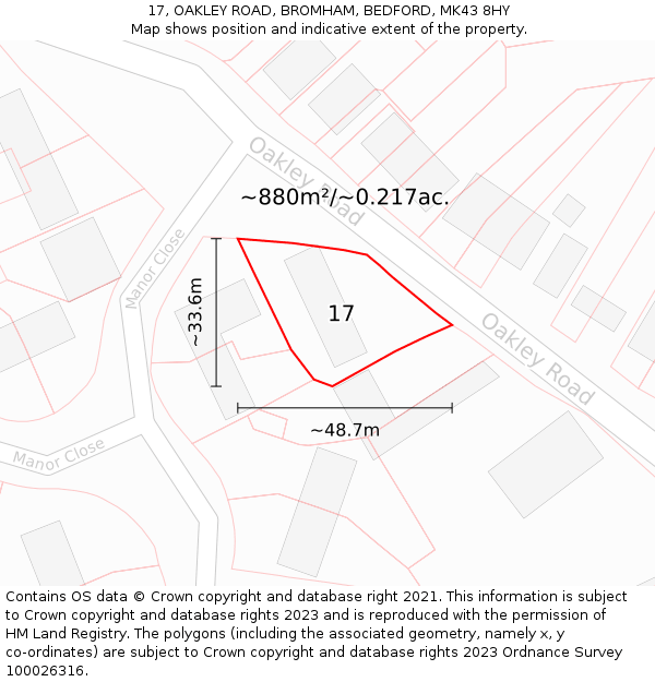 17, OAKLEY ROAD, BROMHAM, BEDFORD, MK43 8HY: Plot and title map