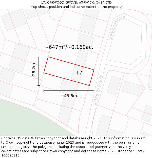 17, OAKWOOD GROVE, WARWICK, CV34 5TD: Plot and title map