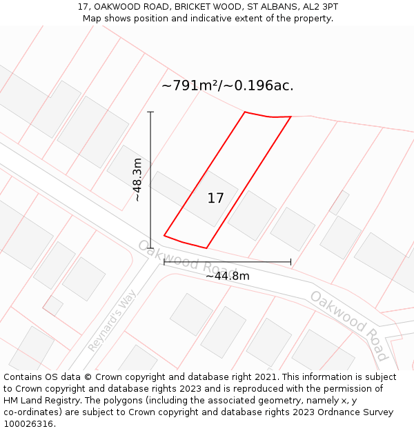 17, OAKWOOD ROAD, BRICKET WOOD, ST ALBANS, AL2 3PT: Plot and title map