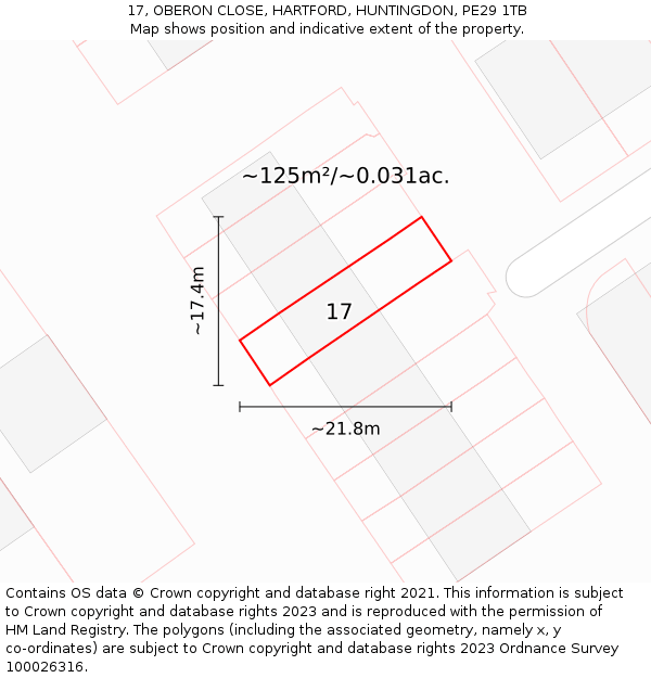 17, OBERON CLOSE, HARTFORD, HUNTINGDON, PE29 1TB: Plot and title map