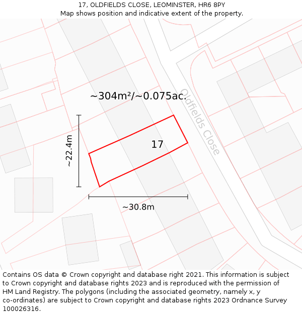 17, OLDFIELDS CLOSE, LEOMINSTER, HR6 8PY: Plot and title map