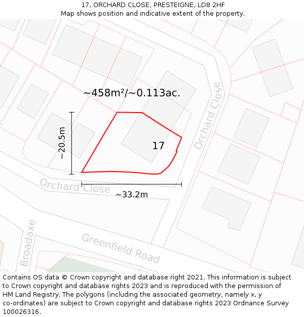 17, ORCHARD CLOSE, PRESTEIGNE, LD8 2HF: Plot and title map