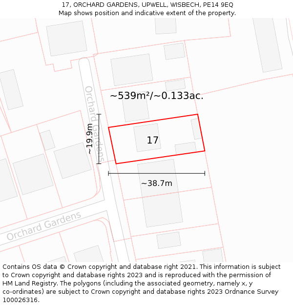 17, ORCHARD GARDENS, UPWELL, WISBECH, PE14 9EQ: Plot and title map