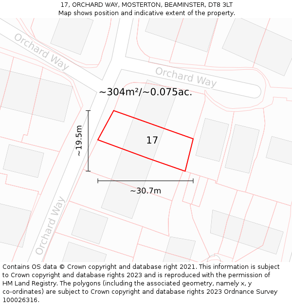 17, ORCHARD WAY, MOSTERTON, BEAMINSTER, DT8 3LT: Plot and title map