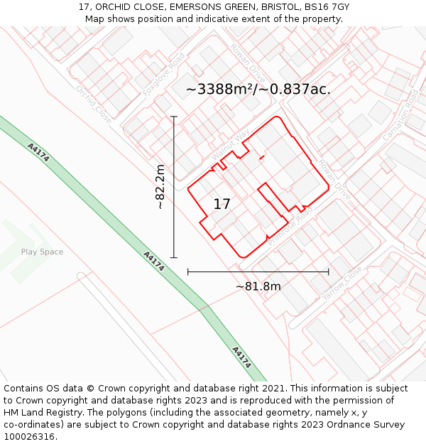 17, ORCHID CLOSE, EMERSONS GREEN, BRISTOL, BS16 7GY: Plot and title map