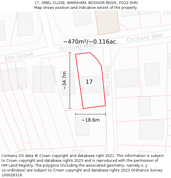 17, ORIEL CLOSE, BARNHAM, BOGNOR REGIS, PO22 0HN: Plot and title map