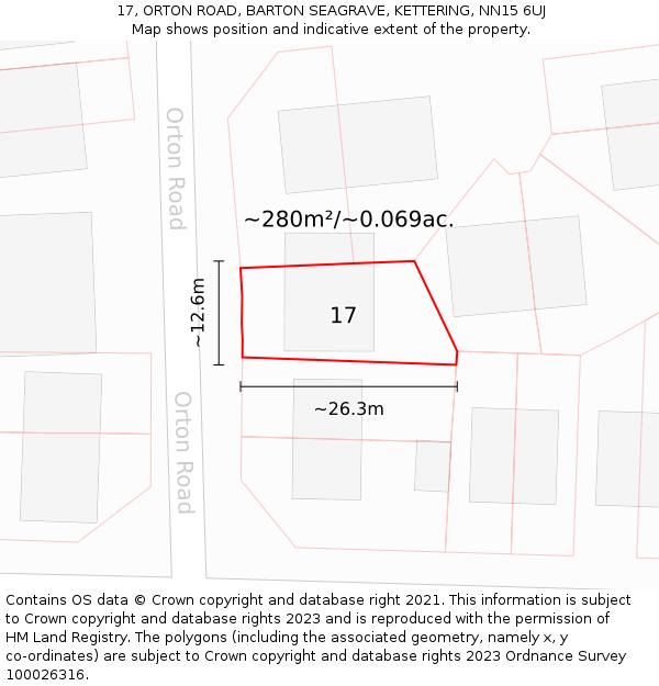 17, ORTON ROAD, BARTON SEAGRAVE, KETTERING, NN15 6UJ: Plot and title map