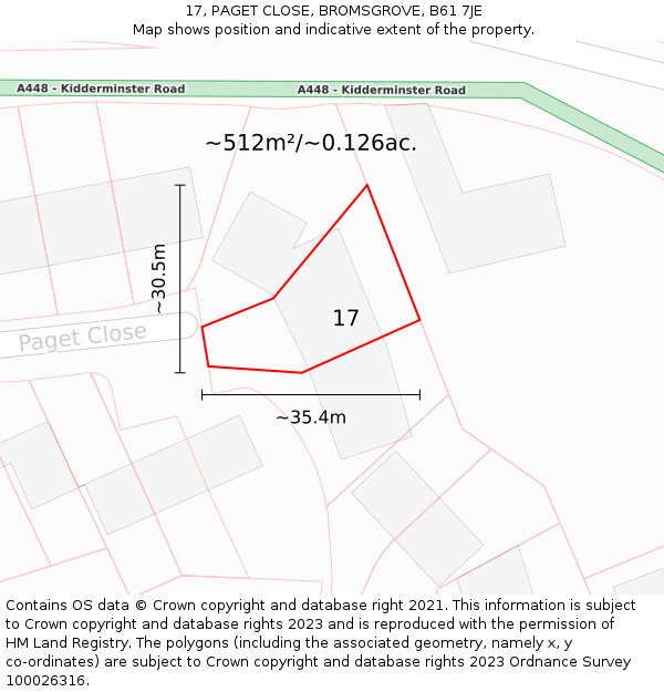 17, PAGET CLOSE, BROMSGROVE, B61 7JE: Plot and title map