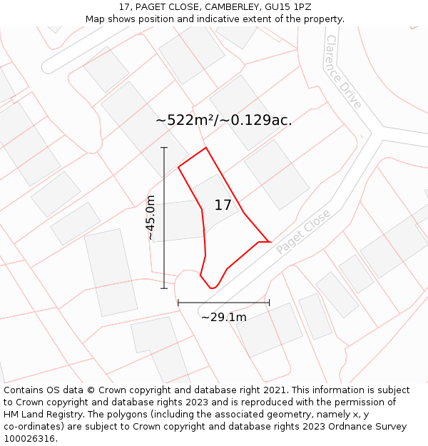 17, PAGET CLOSE, CAMBERLEY, GU15 1PZ: Plot and title map