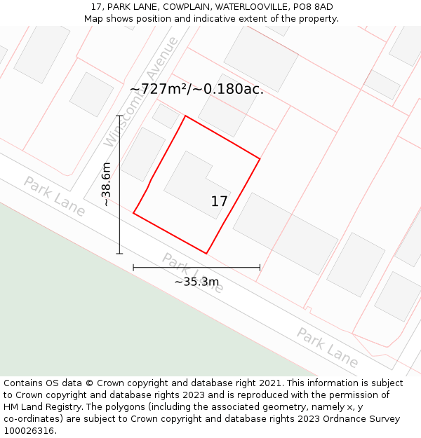 17, PARK LANE, COWPLAIN, WATERLOOVILLE, PO8 8AD: Plot and title map