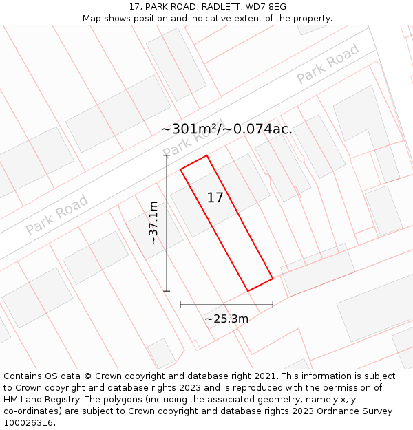 17, PARK ROAD, RADLETT, WD7 8EG: Plot and title map