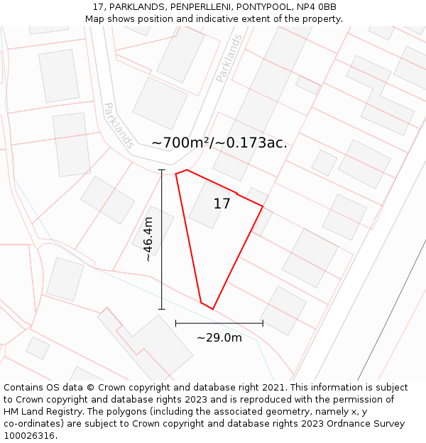 17, PARKLANDS, PENPERLLENI, PONTYPOOL, NP4 0BB: Plot and title map