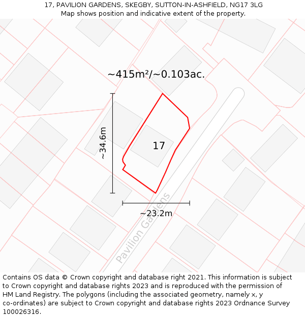 17, PAVILION GARDENS, SKEGBY, SUTTON-IN-ASHFIELD, NG17 3LG: Plot and title map