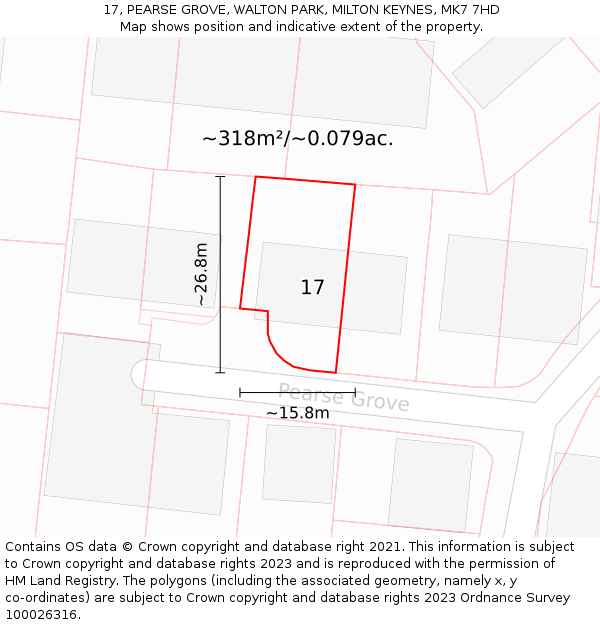 17, PEARSE GROVE, WALTON PARK, MILTON KEYNES, MK7 7HD: Plot and title map