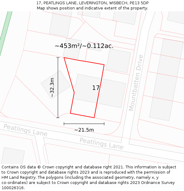 17, PEATLINGS LANE, LEVERINGTON, WISBECH, PE13 5DP: Plot and title map