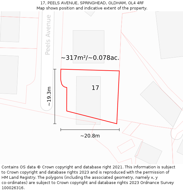 17, PEELS AVENUE, SPRINGHEAD, OLDHAM, OL4 4RF: Plot and title map