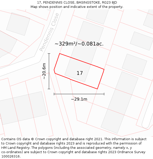 17, PENDENNIS CLOSE, BASINGSTOKE, RG23 8JD: Plot and title map