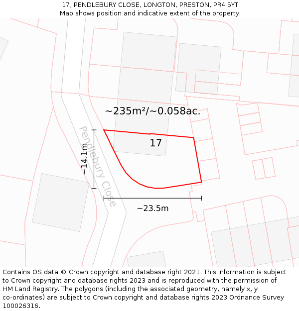 17, PENDLEBURY CLOSE, LONGTON, PRESTON, PR4 5YT: Plot and title map