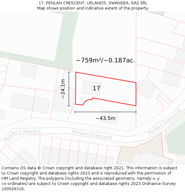 17, PENLAN CRESCENT, UPLANDS, SWANSEA, SA2 0RL: Plot and title map