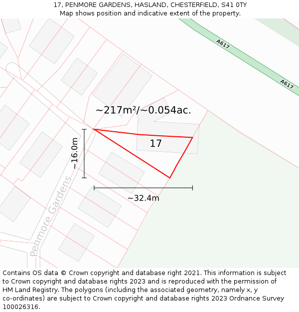 17, PENMORE GARDENS, HASLAND, CHESTERFIELD, S41 0TY: Plot and title map