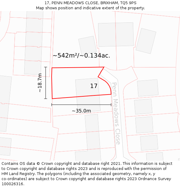 17, PENN MEADOWS CLOSE, BRIXHAM, TQ5 9PS: Plot and title map
