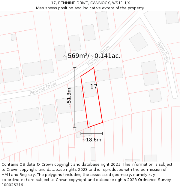 17, PENNINE DRIVE, CANNOCK, WS11 1JX: Plot and title map