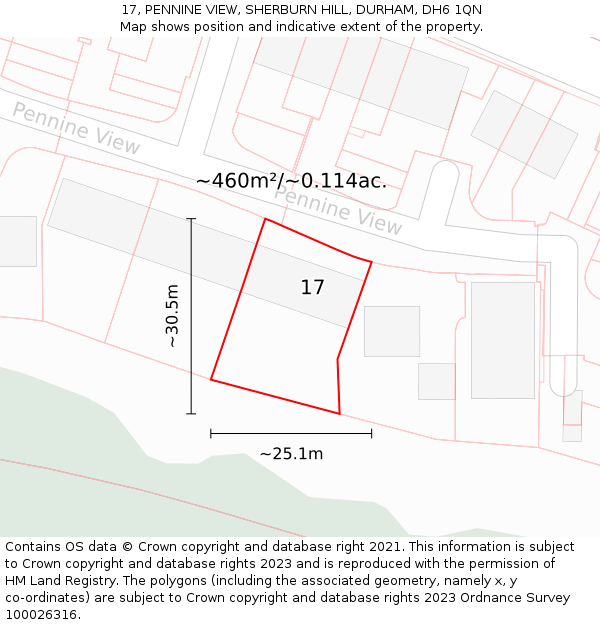 17, PENNINE VIEW, SHERBURN HILL, DURHAM, DH6 1QN: Plot and title map