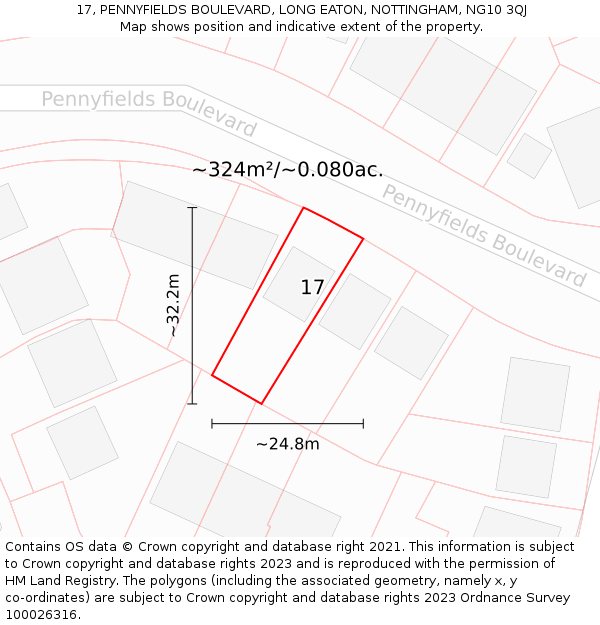 17, PENNYFIELDS BOULEVARD, LONG EATON, NOTTINGHAM, NG10 3QJ: Plot and title map