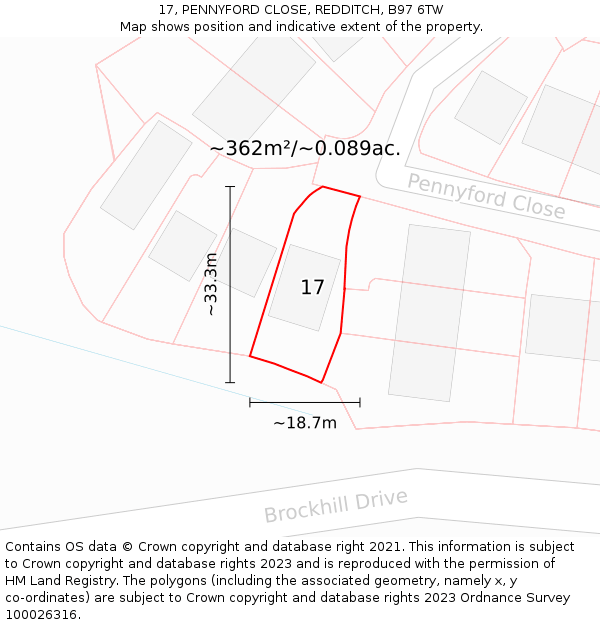 17, PENNYFORD CLOSE, REDDITCH, B97 6TW: Plot and title map