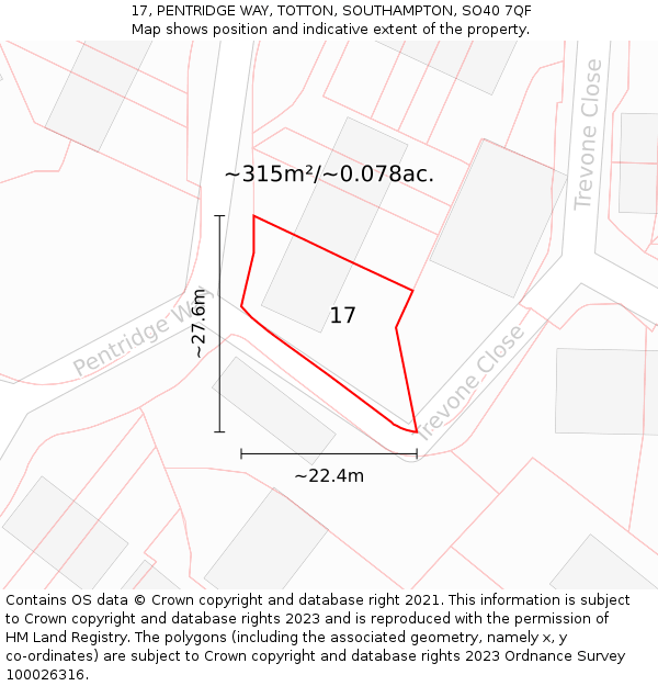 17, PENTRIDGE WAY, TOTTON, SOUTHAMPTON, SO40 7QF: Plot and title map