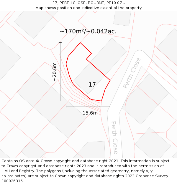 17, PERTH CLOSE, BOURNE, PE10 0ZU: Plot and title map