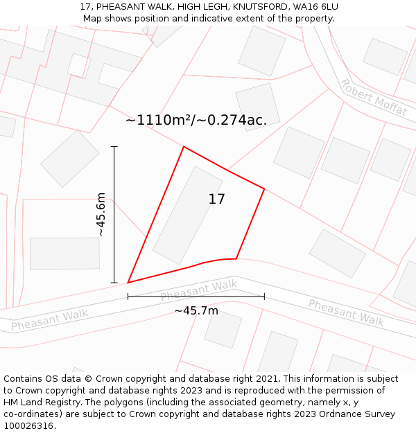 17, PHEASANT WALK, HIGH LEGH, KNUTSFORD, WA16 6LU: Plot and title map