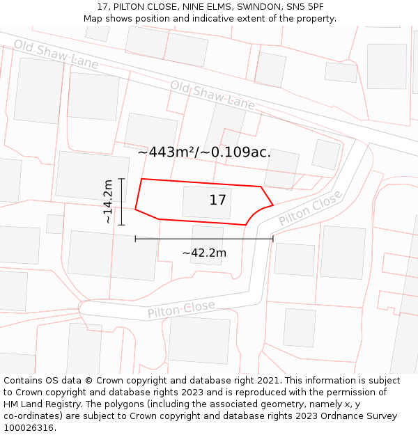 17, PILTON CLOSE, NINE ELMS, SWINDON, SN5 5PF: Plot and title map