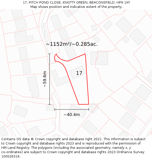 17, PITCH POND CLOSE, KNOTTY GREEN, BEACONSFIELD, HP9 1XY: Plot and title map