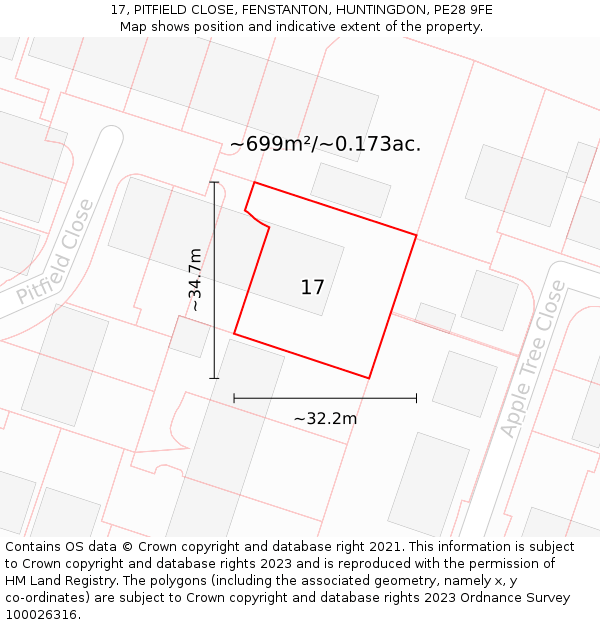 17, PITFIELD CLOSE, FENSTANTON, HUNTINGDON, PE28 9FE: Plot and title map