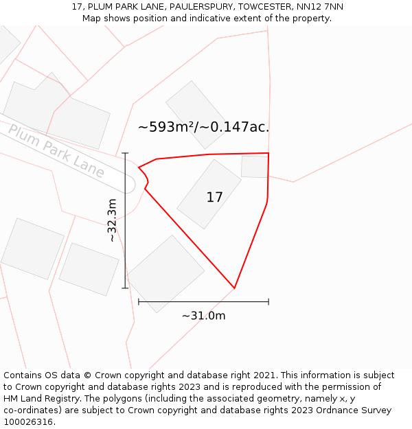 17, PLUM PARK LANE, PAULERSPURY, TOWCESTER, NN12 7NN: Plot and title map