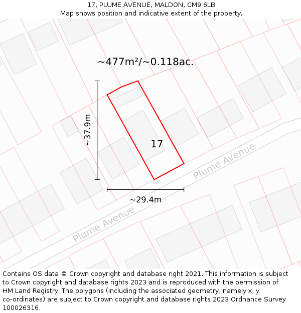 17, PLUME AVENUE, MALDON, CM9 6LB: Plot and title map